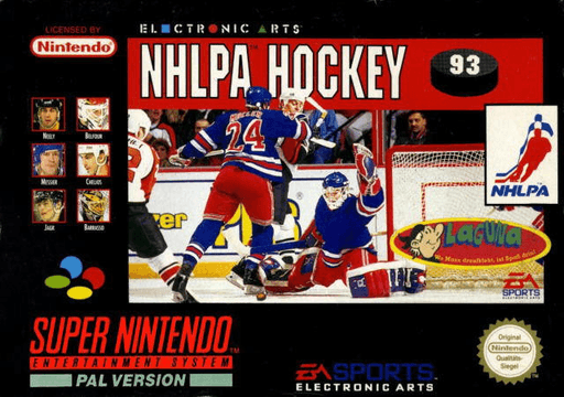 NHLPA Hockey '93 SNES cover art reference for custom cartridge, PAL version.