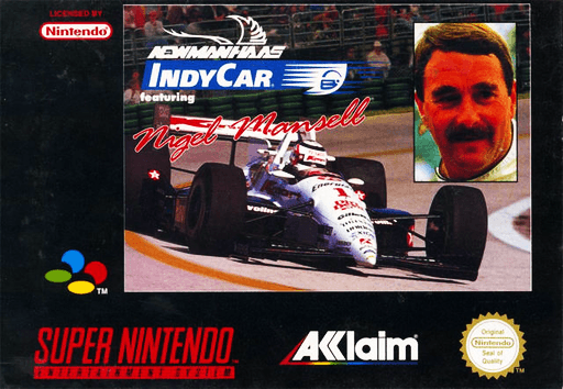 Newman/Haas IndyCar featuring Nigel Mansell SNES cover art reference for custom cartridge, PAL version.