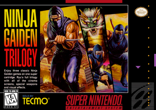 Ninja Gaiden Trilogy SNES cover art reference for custom cartridge, NTSC-U version.