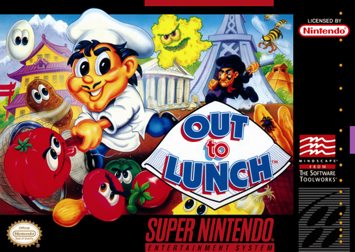 Out to Lunch SNES cover art reference for custom cartridge, NTSC-U version.