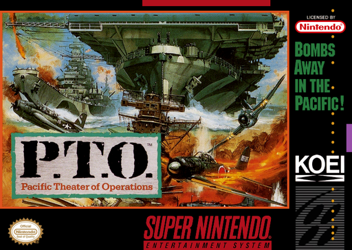 P.T.O.: Pacific Theater of Operations SNES cover art reference for custom cartridge, NTSC-U version.