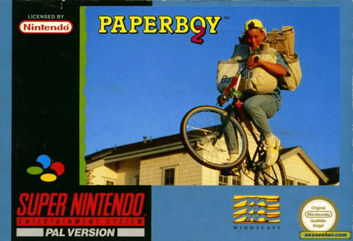 Paperboy 2 SNES cover art reference for custom cartridge, PAL version.