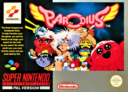 Parodius SNES cover art reference for custom cartridge, PAL version.