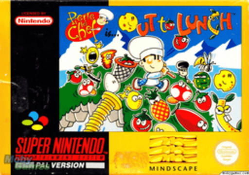 Out to Lunch SNES cover art reference for custom cartridge, PAL version.