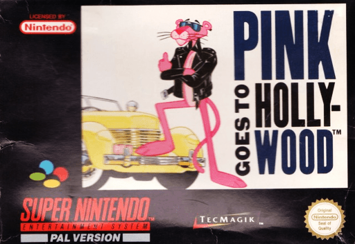 Pink Goes to Hollywood SNES cover art reference for custom cartridge, PAL version.