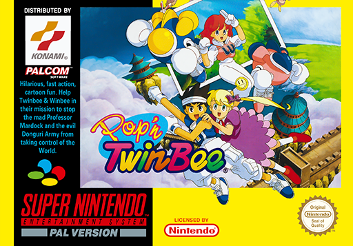Pop'n TwinBee SNES cover art reference for custom cartridge, PAL version.