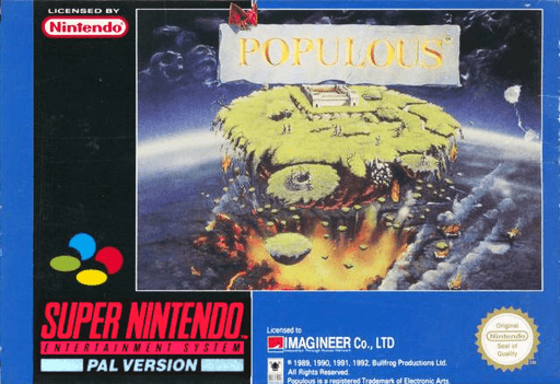 Populous SNES cover art reference for custom cartridge, PAL version.