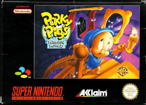 Porky Pig's Haunted Holiday SNES cover art reference for custom cartridge, PAL version.