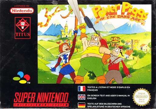 Power Piggs of the Dark Age SNES cover art reference for custom cartridge, PAL version.