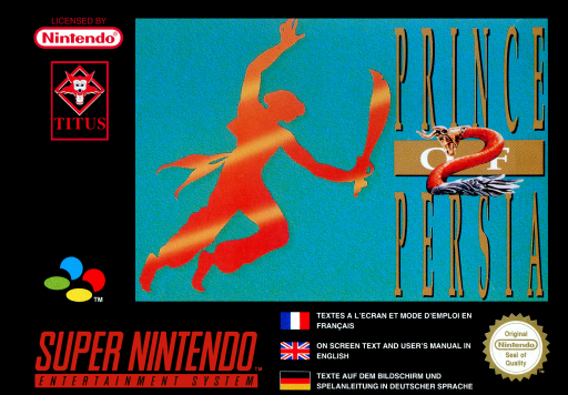 Prince of Persia 2: The Shadow SNES cover art reference for custom cartridge, PAL version.