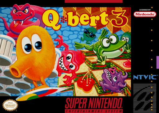 Q*bert 3 SNES cover art reference for custom cartridge, NTSC-U version.