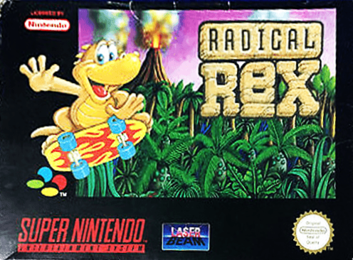 Radical Rex SNES cover art reference for custom cartridge, PAL version.