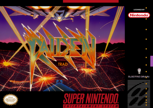 Raiden Trad SNES cover art reference for custom cartridge, NTSC-U version.