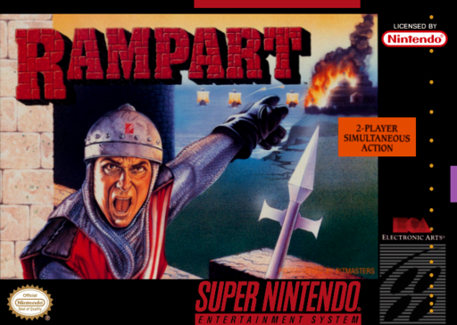 Rampart SNES cover art reference for custom cartridge, NTSC-U version.