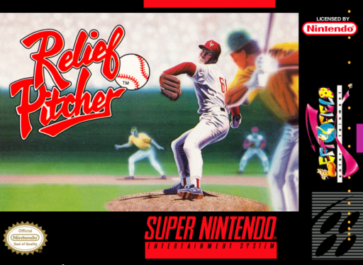 Relief Pitcher SNES cover art reference for custom cartridge, NTSC-U version.