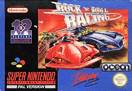 Rock n' Roll Racing SNES cover art reference for custom cartridge, PAL version.