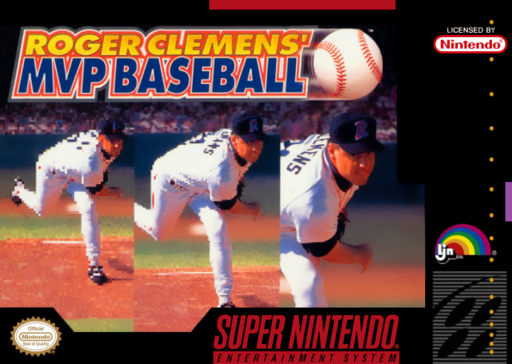 Roger Clemens' MVP Baseball SNES cover art reference for custom cartridge, NTSC-U version.