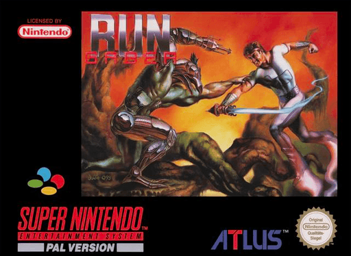 Run Saber SNES cover art reference for custom cartridge, PAL version.