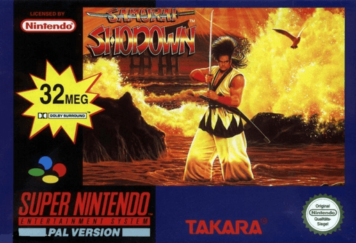Samurai Shodown SNES cover art reference for custom cartridge, PAL version.