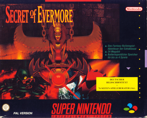 Secret of Evermore SNES cover art reference for custom cartridge, PAL version.