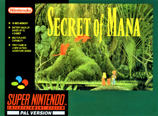 Secret of Mana SNES cover art reference for custom cartridge, PAL version.