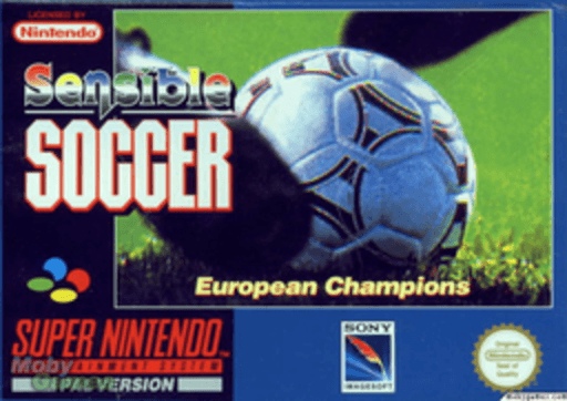 Sensible Soccer: European Champions SNES cover art reference for custom cartridge, PAL version.