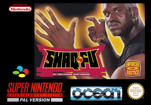 Shaq Fu SNES cover art reference for custom cartridge, PAL version.