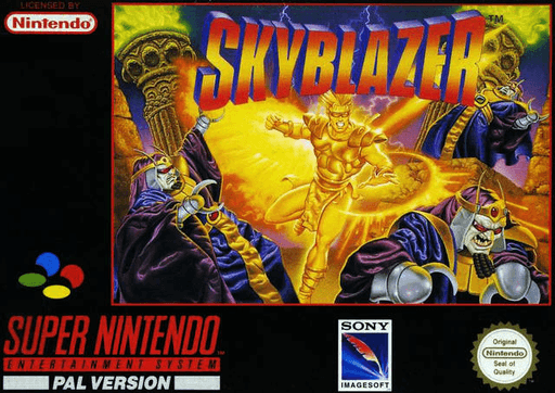 Skyblazer SNES cover art reference for custom cartridge, PAL version.