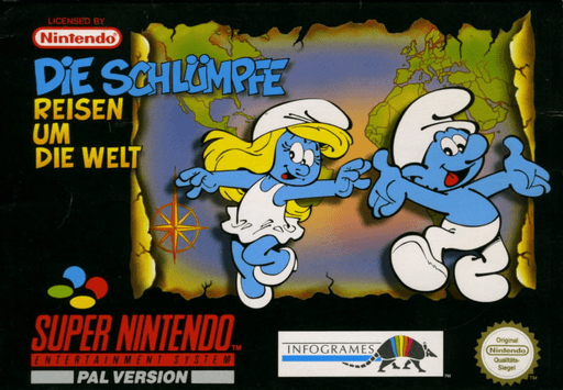 The Smurfs Travel The World SNES cover art reference for custom cartridge, PAL version.