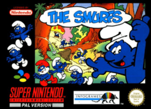 The Smurfs SNES cover art reference for custom cartridge, PAL version.