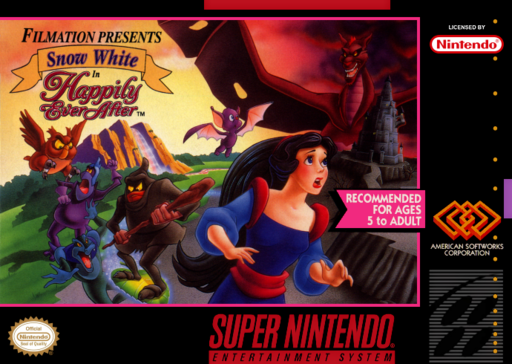 Snow White: Happily Ever After SNES cover art reference for custom cartridge, NTSC-U version.
