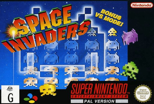 Space Invaders SNES cover art reference for custom cartridge, PAL version.