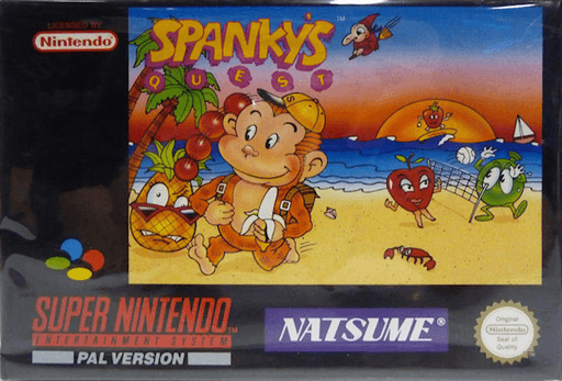 Spanky's Quest SNES cover art reference for custom cartridge, PAL version.