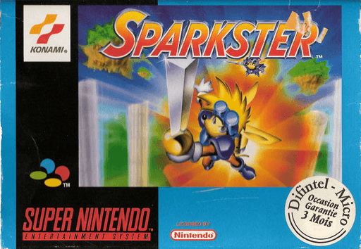 Sparkster SNES cover art reference for custom cartridge, PAL version.