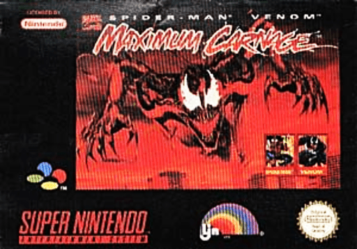 Spider-Man and Venom: Maximum Carnage SNES cover art reference for custom cartridge, PAL version.