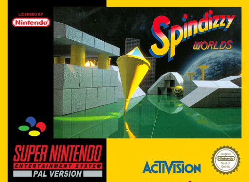 Spindizzy Worlds SNES cover art reference for custom cartridge, PAL version.
