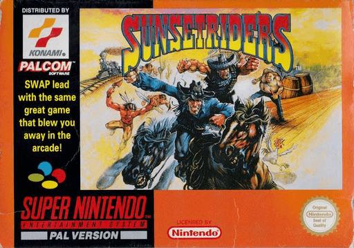 Sunset Riders SNES cover art reference for custom cartridge, PAL version.