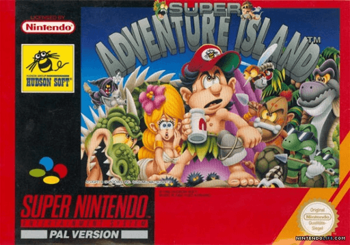 Super Adventure Island SNES cover art reference for custom cartridge, PAL version.