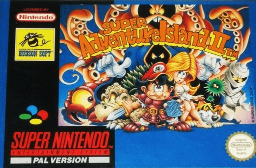 Super Adventure Island II SNES cover art reference for custom cartridge, PAL version.