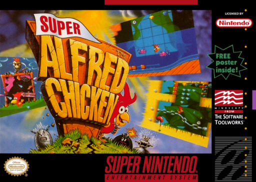 Alfred Chicken SNES cover art reference for custom cartridge, NTSC-U version.