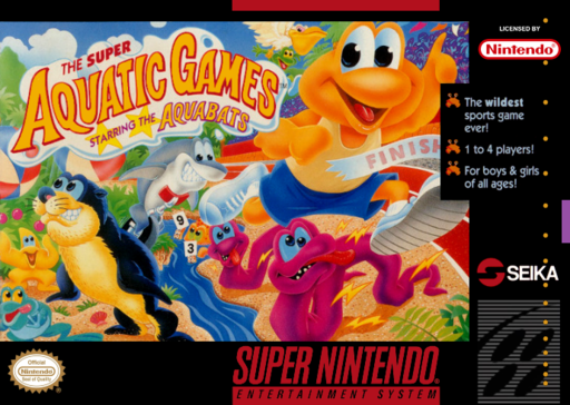 The Super Aquatic Games Starring the Aquabats SNES cover art reference for custom cartridge, NTSC-U version.