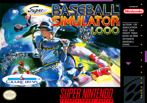 Super Baseball Simulator 1.000 SNES cover art reference for custom cartridge, NTSC-U version.