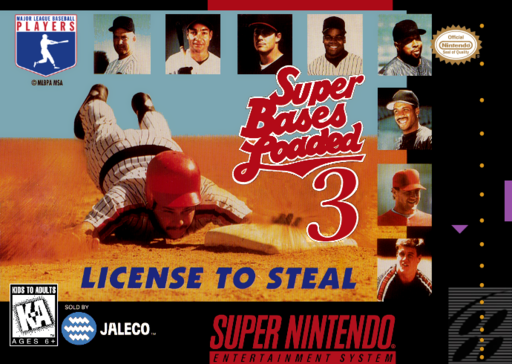 Super Bases Loaded 3: License to Steal SNES cover art reference for custom cartridge, NTSC-U version.