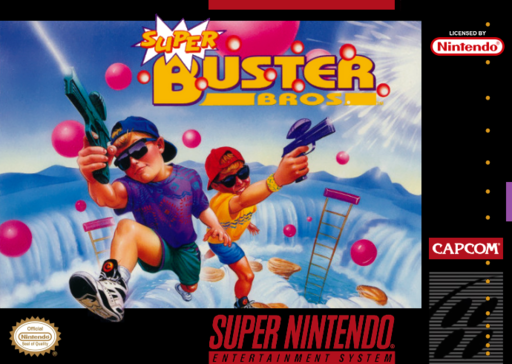 Super Buster Bros. SNES cover art reference for custom cartridge, NTSC-U version.