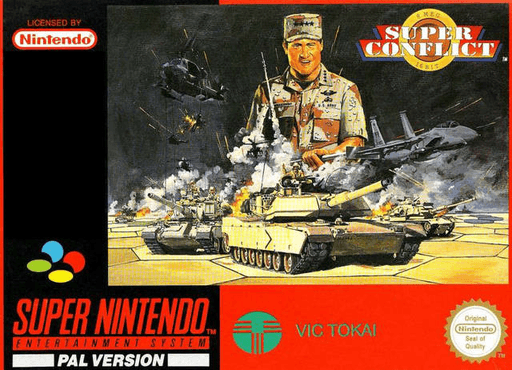 Super Conflict SNES cover art reference for custom cartridge, PAL version.