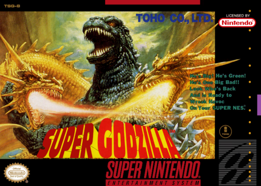 Super Godzilla SNES cover art reference for custom cartridge, NTSC-U version.