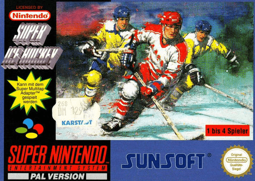 Super Ice Hockey SNES cover art reference for custom cartridge, PAL version.