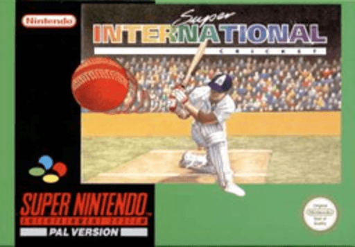 Super International Cricket SNES cover art reference for custom cartridge, PAL version.