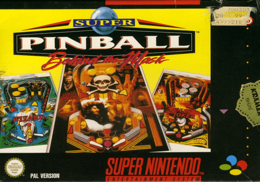 Super Pinball: Behind the Mask SNES cover art reference for custom cartridge, PAL version.