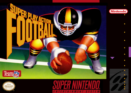 Super Play Action Football SNES cover art reference for custom cartridge, NTSC-U version.